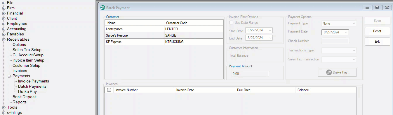 A GIF showing a user selecting a customer, invoices, and Drake Pay